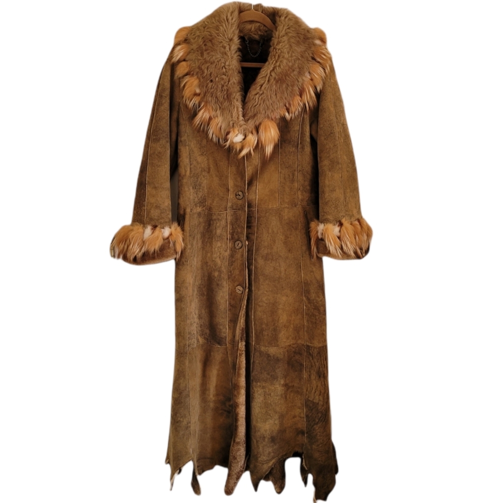 Gina Bacconi Vintage Shearling Suede Wool Fox Fur Coat Jacket Large RARE